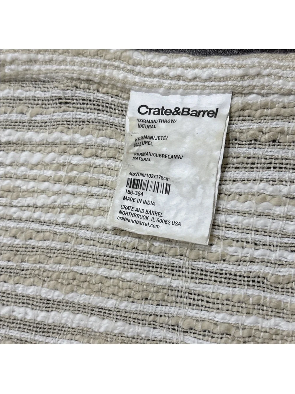 Crate & Barrel Fringe Throw Blanket Natural Striped Cotton 40” X 70” “Korman”